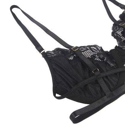 SUBBLIME - SET OF 3 PIECES BRA + THONG + LACE GARTER BLACK L/XL