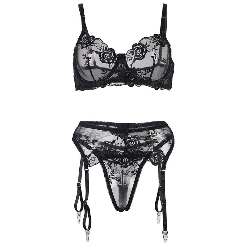 SUBBLIME - SET OF 3 PIECES BRA + THONG + GARTER FLORAL PRINT