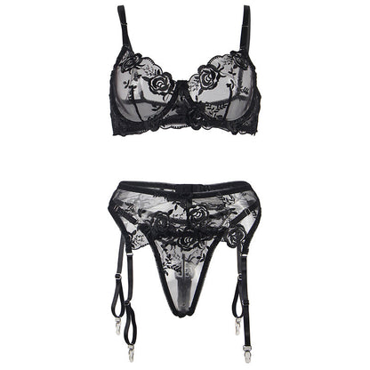 SUBBLIME - SET OF 3 PIECES BRA + THONG + GARTER FLORAL PRINT
