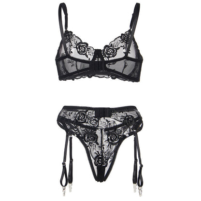 SUBBLIME - SET OF 3 PIECES BRA + THONG + GARTER FLORAL PRINT