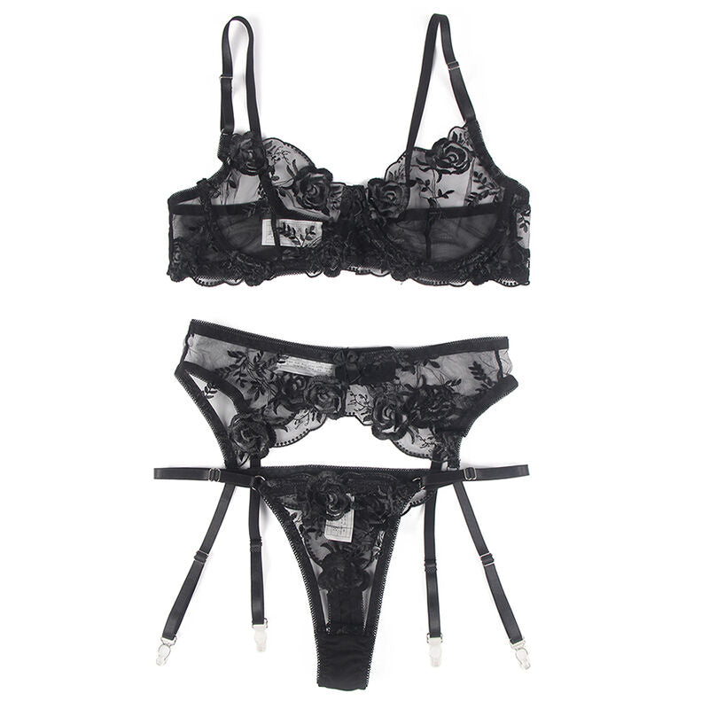 SUBBLIME - SET OF 3 PIECES BRA + THONG + GARTER FLORAL PRINT
