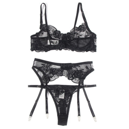 SUBBLIME - SET OF 3 PIECES BRA + THONG + GARTER FLORAL PRINT