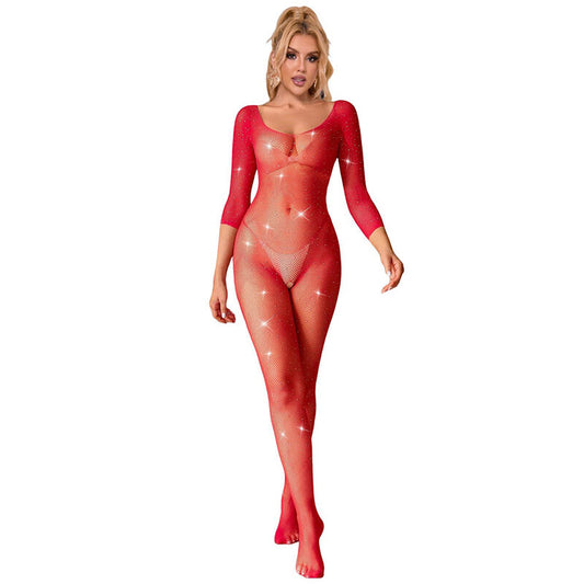 SUBBLIME - 952419 FISHNET BODYSTOCKING WITH DIAMONDS LONG SLEEVE RED XS/M