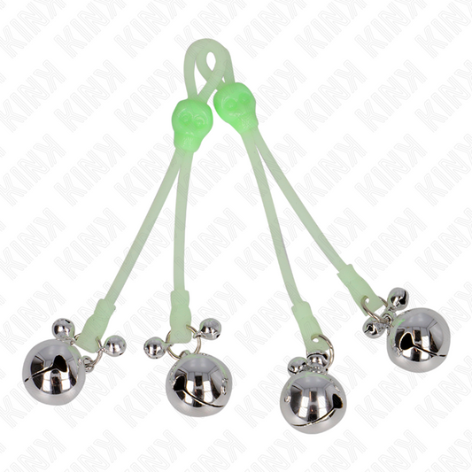 KINK - PINZAS PARA PEZONES LUMINOUS SKULL CON CASCABELES AJUSTABLES VERDE / PLATA