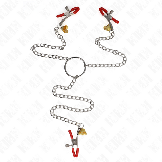 KINK - TRIPLE NIPPLE Y CLAMP PARA CLÍTORIS BELL ROJO CON CADENA 30 CM