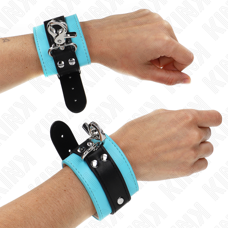 KINK - MENOTTES DE POIGNET VERROUILLABLES PREMIUM NOIR / BLEU AJUSTABLES 21-28 CM X 5.5 CM