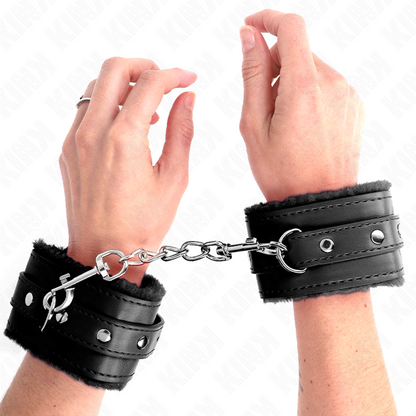 KINK - PREMIUM FUR LINED WRIST RESTRAINTS BLACK WITH BLACK BELT ADJUSTABLE 17-29 CM X 6 CM