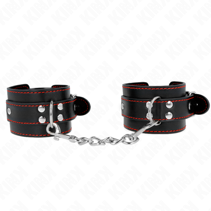 KINK - MENOTTES DE POIGNET NOIRES DOUBLURE ROUGE AJUSTABLES 20-28 CM X 5.5 CM