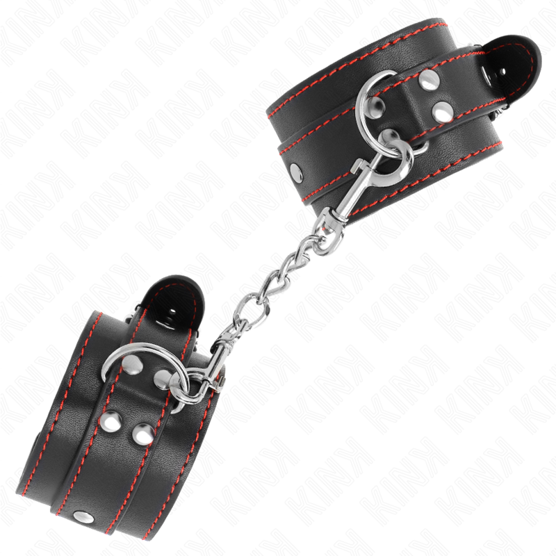 KINK - MENOTTES DE POIGNET NOIRES DOUBLURE ROUGE AJUSTABLES 20-28 CM X 5.5 CM