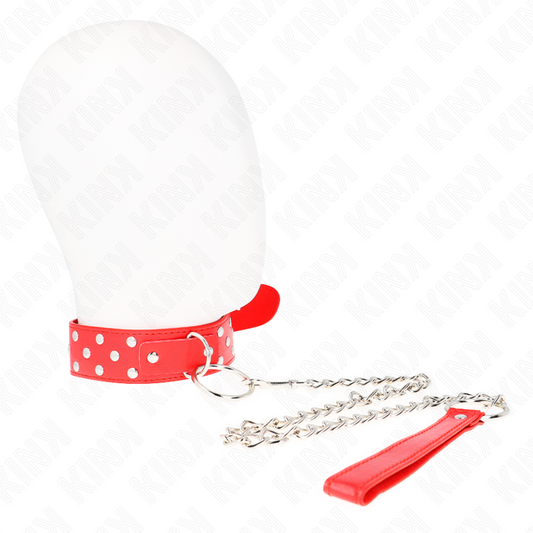 KINK - COLLIER EN CUIR CLOUTÉ ANNEAUX ET CEINTURE 65 CM ROUGE AJUSTABLE 36-50 CM X 3.8 CM