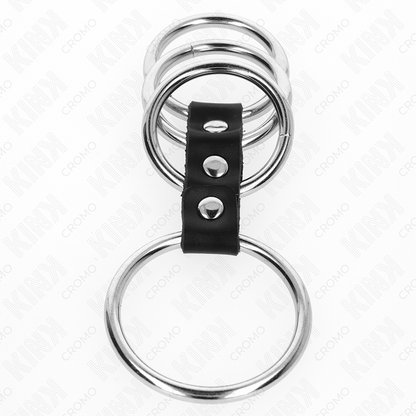 KINK - 4 ANNEAUX DE PÉNIS EN MÉTAL DE 3,7 CM À 5 CM RELIÉS PAR DU CUIR