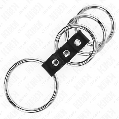 KINK - 4 ANNEAUX DE PÉNIS EN MÉTAL DE 3,7 CM À 5 CM RELIÉS PAR DU CUIR