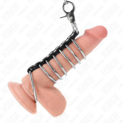 KINK - 7 ANNEAUX DE PÉNIS EN MÉTAL DE 3,8 CM À 5 CM RELIÉS PAR DU CUIR ET UNE CHAÎNE EN MÉTAL DE 100 CM
