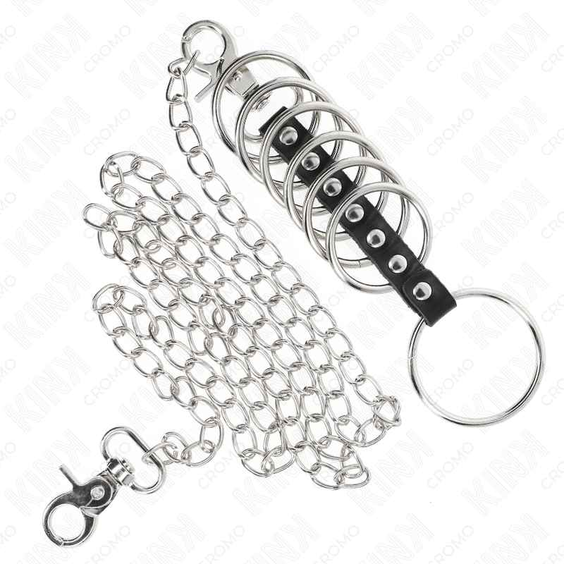 KINK - 7 ANNEAUX DE PÉNIS EN MÉTAL DE 3,8 CM À 5 CM RELIÉS PAR DU CUIR ET UNE CHAÎNE EN MÉTAL DE 100 CM