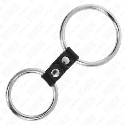 KINK - ANILLO PENEANO DOBLE DE METAL DE 3,7 CM A 5 CM CONECTADO POR CORREA DE CUERO MODELO 2