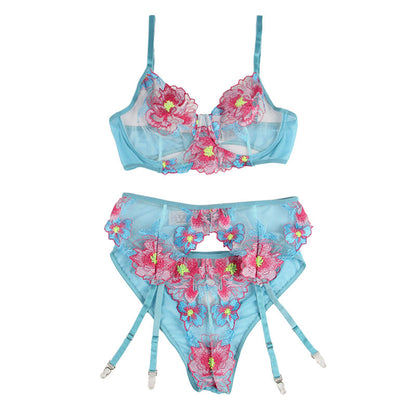 SUBBLIME - 954116 BRA + PANTIES WITH GARTER BELT FLORAL DESIGN BLUE L/XL