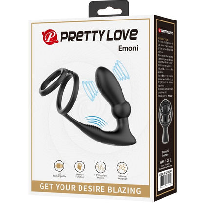 PRETTY LOVE - EMONI PENIS RING + ANAL PLUG 12 VIBRATIONS BLACK