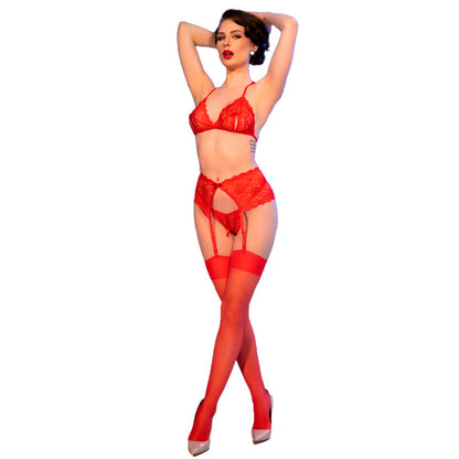 CHILIROSE - CR 4848 RED LACE BRA + THONG + STOCKINGS SET L
