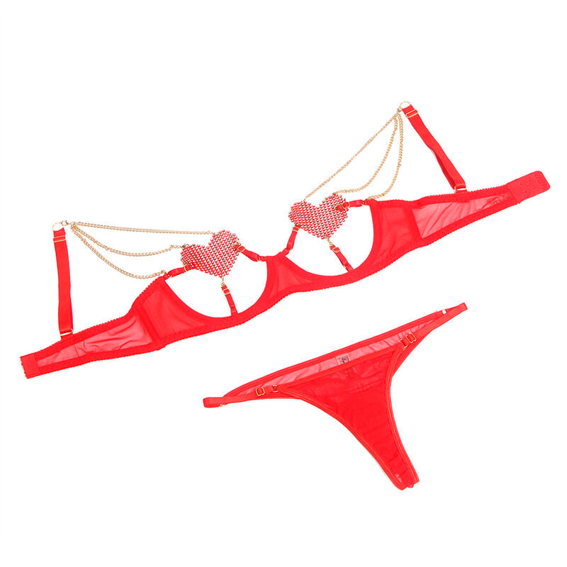SUBBLIME - 955519 CONJUNTO DE SUJETADOR CON CADENAS Y CORAZÓN DE MALLA ROJO S/M