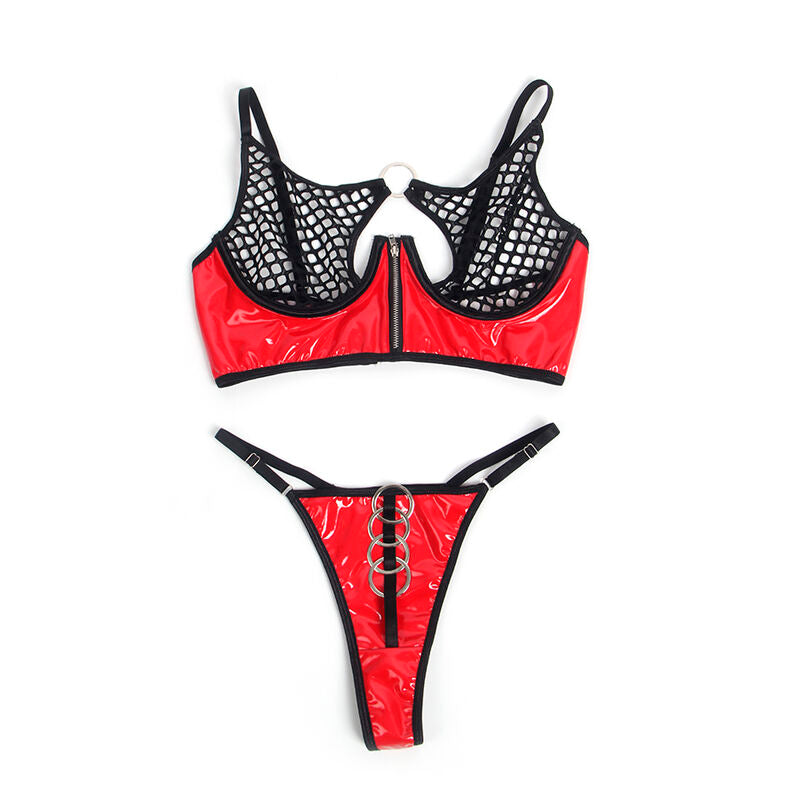 SUBBLIME - CONJUNTO DE SOSTÉN CON CREMALLERA, MALLA Y PIEL CHAROLADA ROJA 955540 L/XL