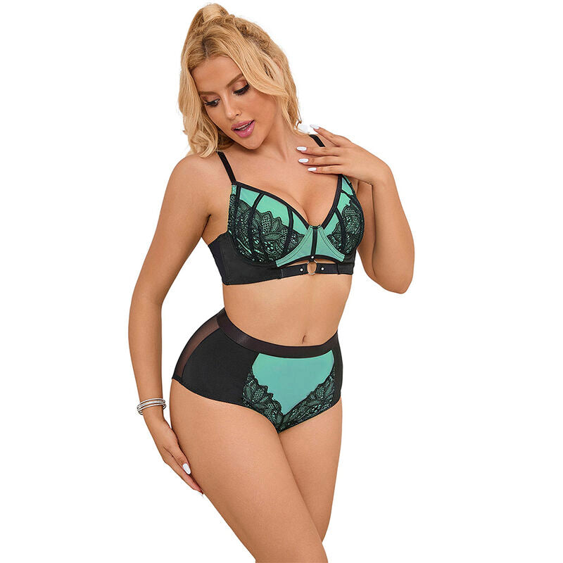 SUBBLIME - CONJUNTO DE SUJETADOR CON CREMALLERA, MALLA Y PIEL DE CHAROL VERDE 955557 S/M