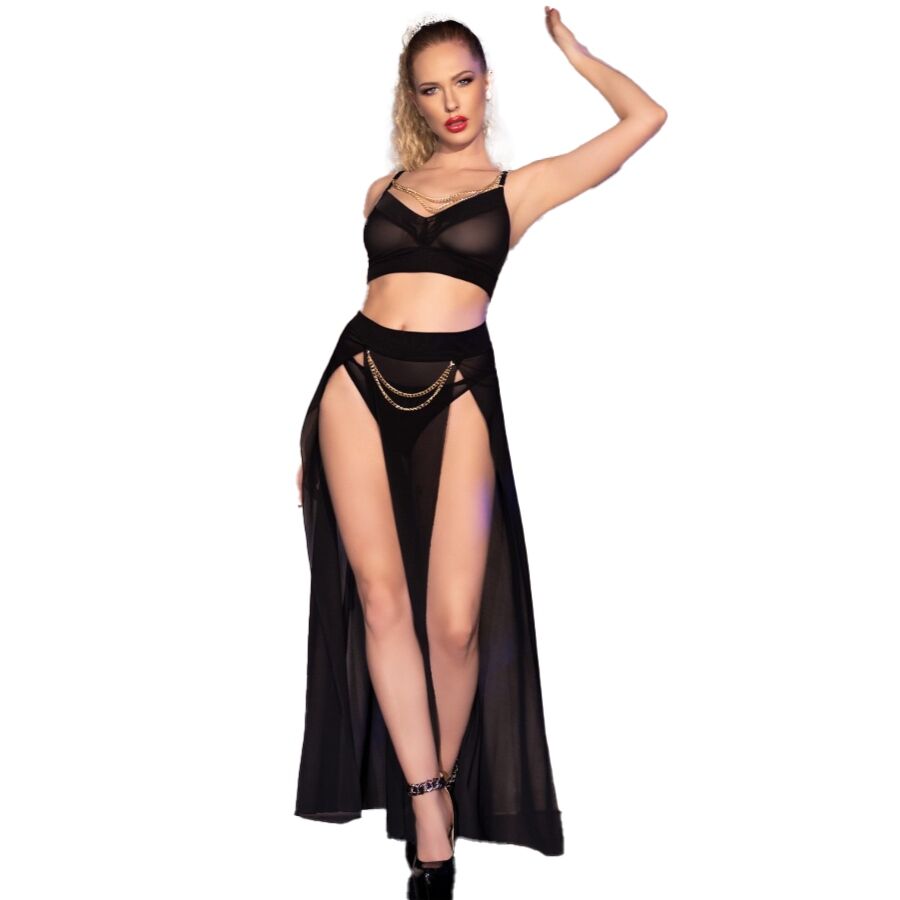 CHILIROSE - CR 4672 BLACK TOP SKIRT AND THONG WITH GOLDEN CHAINS L
