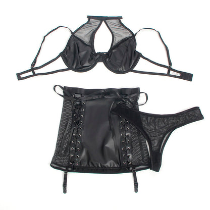 SUBBLIME - 957599 LEATHER BRA AND SKIRT SET BLACK L/XL