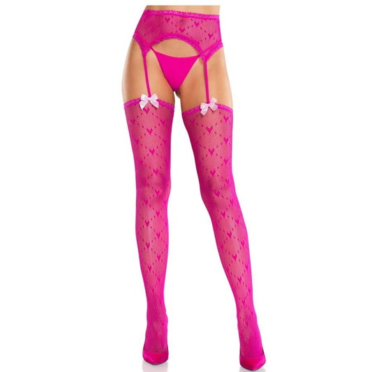 LEG AVENUE - HEART STOCKINGS WITH GARTERS MAGENTA