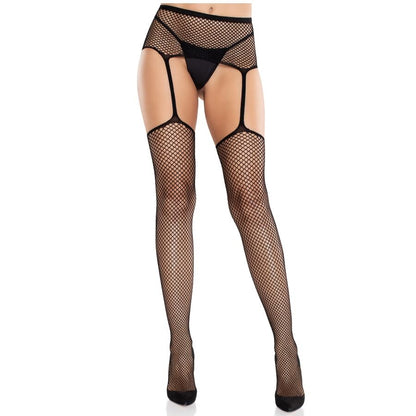 LEG AVENUE - LACE STOCKINGS WITH CROSS AND GARTER BELT BLACK