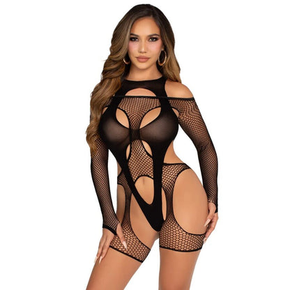 LEG AVENUE - FISHNET BODYSTOCKING WITH GARTER BELT AND HARNESS BLACK