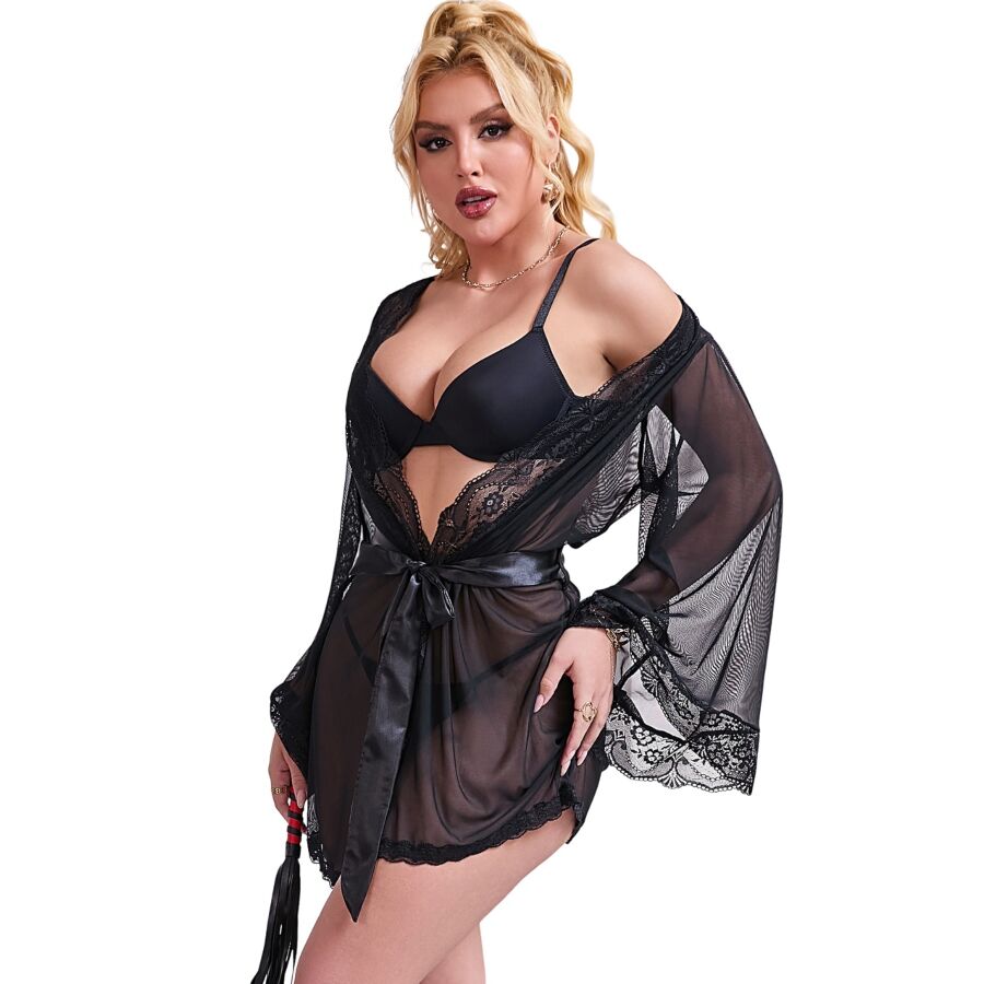 SUBBLIME - TRANSPARENT FABRIC ROBE WITH LACE DETAIL BLACK S/M