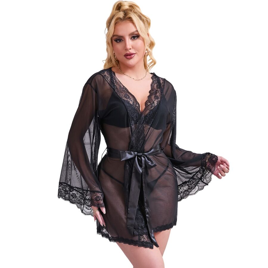 SUBBLIME - TRANSPARENT FABRIC ROBE WITH LACE DETAIL BLACK L/XL