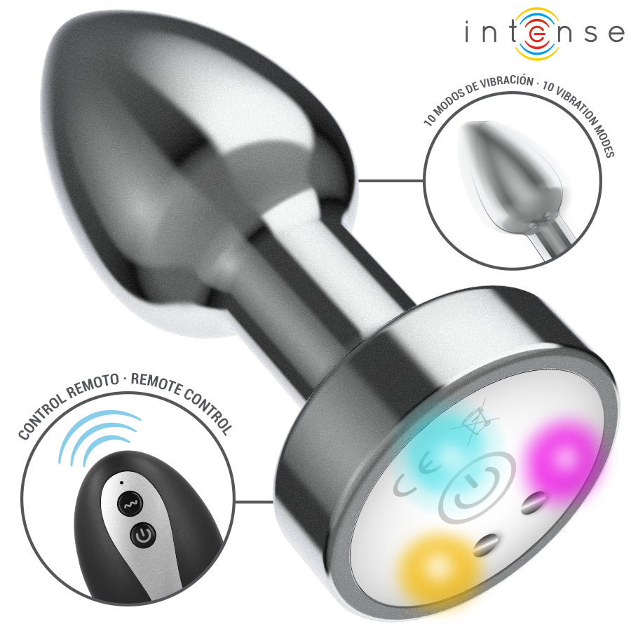 INTENSO - PLUG ANAL VIBRADOR DE METAL CON LUCES LED Y CONTROL REMOTO - TALLA M