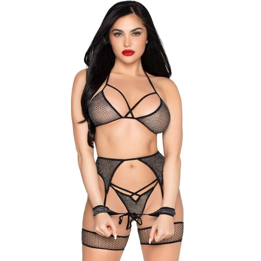 LEG AVENUE - 89362 TOP + THONG+ GARTER BELT + HANDCUFFS SET
