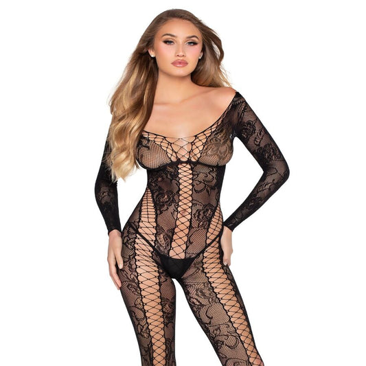 LEG AVENUE - 89369 ENTERIZO DE RED Y ENCAJE NEGRO - TALLA ÚNICA