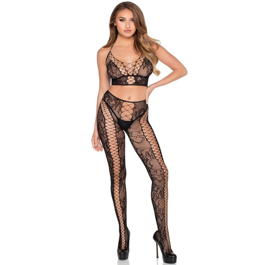LEG AVENUE - 89368 TOP CORTO Y MEDIAS DE RED Y ENCAJE NEGRO - TALLA ÚNICA