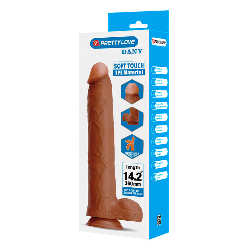 PRETTY LOVE - DANY REALISTIC FLEXIBLE DILDO WITH SUCTION CUP 36 CM -Ø- 5.6 CM BROWN