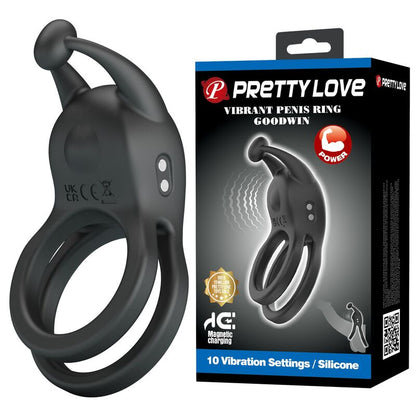 PRETTY LOVE - ANILLO PARA EL PENE DE DOBLE VIBRACIÓN RECARGABLE GOODWIN NEGRO