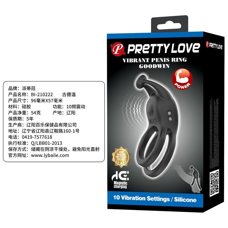 PRETTY LOVE - ANILLO PARA EL PENE DE DOBLE VIBRACIÓN RECARGABLE GOODWIN NEGRO