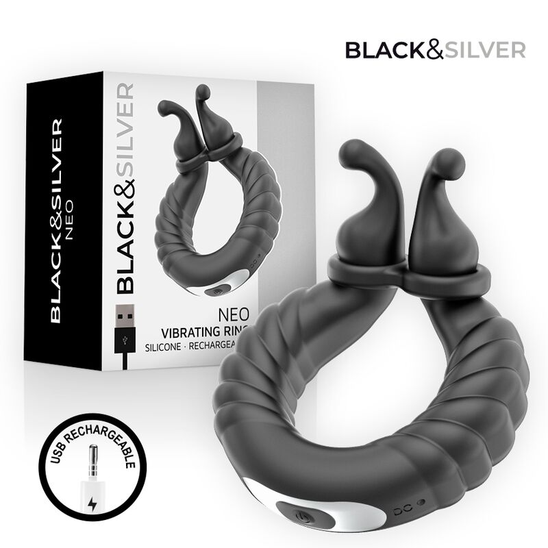 BLACK &amp; SILVER - NEO RECHARGEABLE COUPLES' VIBRATING RING BLACK