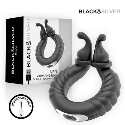 BLACK &amp; SILVER - NEO RECHARGEABLE COUPLES' VIBRATING RING BLACK