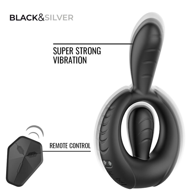 BLACK &amp; SILVER - DECKARD RECHARGEABLE VIBRATING RING WITH REMOTE CONTROL BLACK