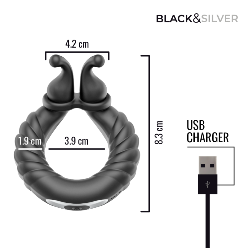 BLACK &amp; SILVER - NEO RECHARGEABLE COUPLES' VIBRATING RING BLACK