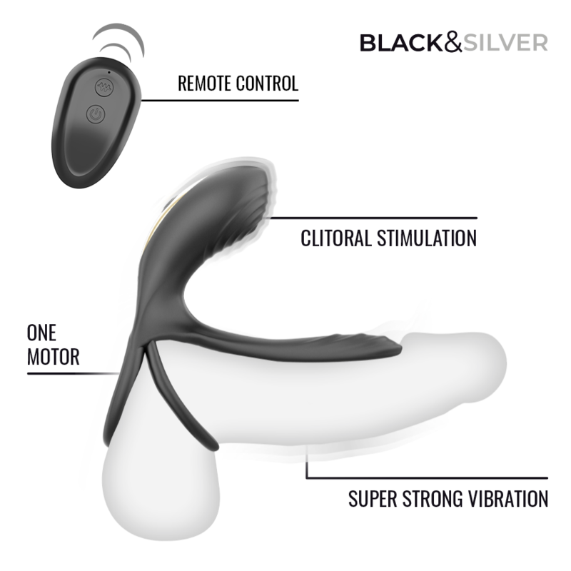 BLACK &amp; SILVER - RIPLEY RECHARGEABLE VIBRATING RING WITH REMOTE CONTROL BLACK