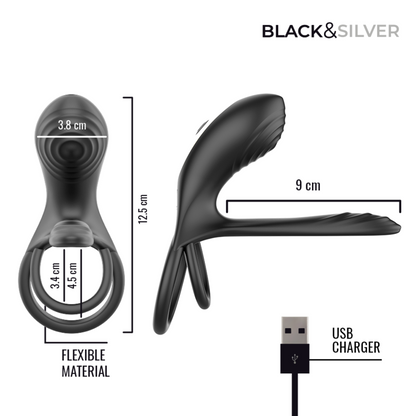 BLACK &amp; SILVER - RIPLEY RECHARGEABLE VIBRATING RING WITH REMOTE CONTROL BLACK