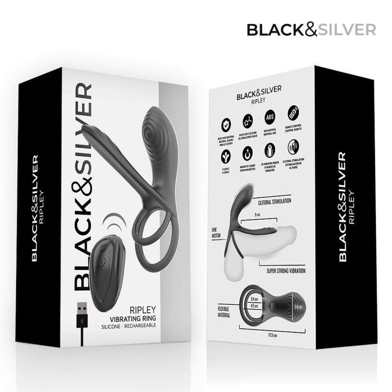BLACK &amp; SILVER - RIPLEY RECHARGEABLE VIBRATING RING WITH REMOTE CONTROL BLACK