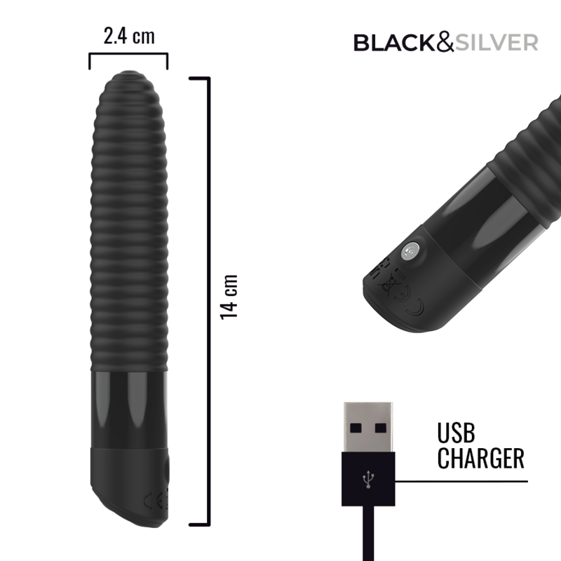 BLACK &amp; SILVER - JOSEPH USB RECHARGEABLE VIBRATOR WITH LED DISPLAY BLACK