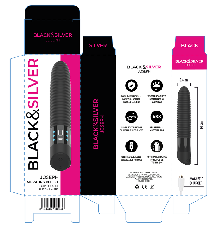 BLACK &amp; SILVER - JOSEPH USB RECHARGEABLE VIBRATOR WITH LED DISPLAY BLACK