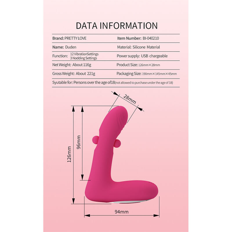 PRETTY LOVE - DUDEN RECHARGEABLE SILICONE VIBRATOR 12 VIBRATION MODES AND 3 ROCKING MODES PINK