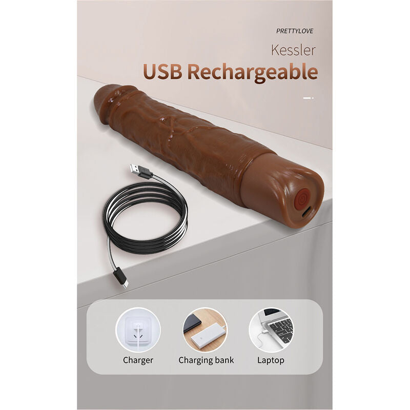 PRETTY LOVE - KESSLER REALISTIC VIBRATING DILDO WITH 10 VIBRATION MODES AND 10 THROWS, 22 CM, BROWN